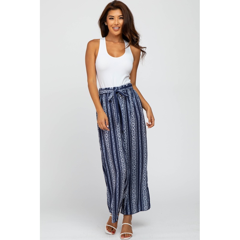 Navy Printed Tie Front Pants