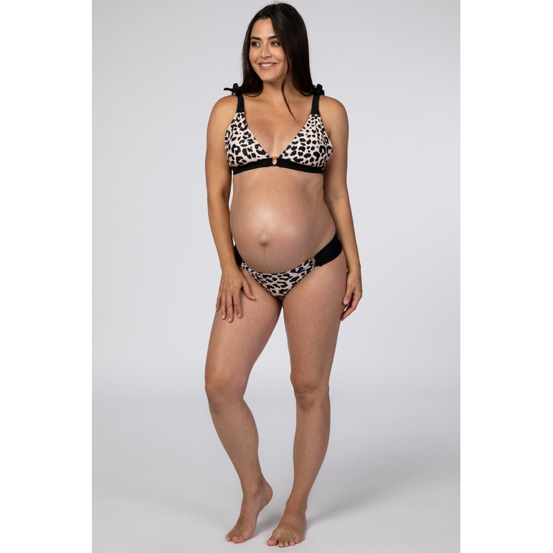 Taupe Animal Print Color Blocked Shoulder Tie Maternity Bikini Set