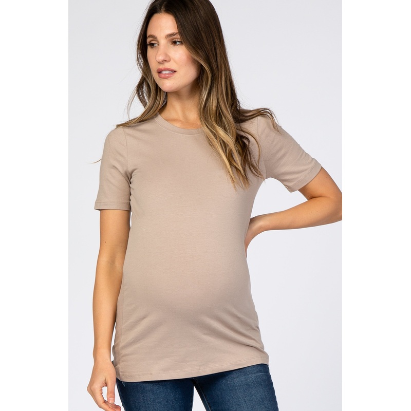 Taupe Crew Neck Short Sleeve Maternity Top