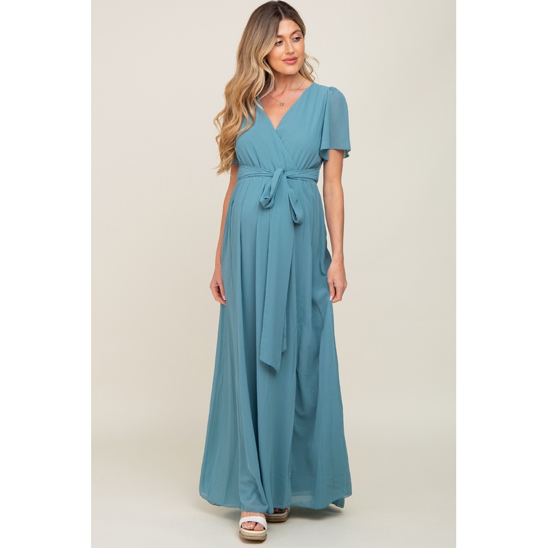 Turquoise Chiffon Short Sleeve Wrap V-Neck Front Slit Maternity Maxi Dress