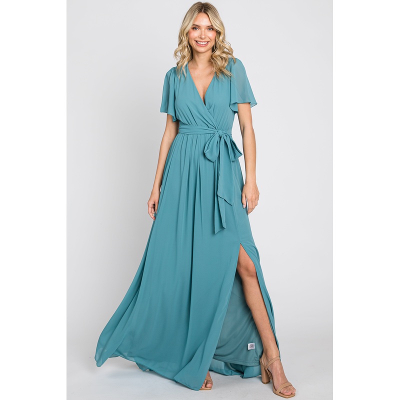 Turquoise Chiffon Short Sleeve Wrap V-Neck Front Slit Maxi Dress