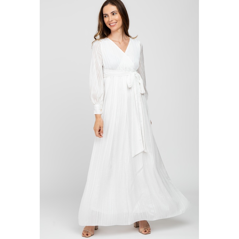 White Metallic Striped Chiffon Maxi Dress