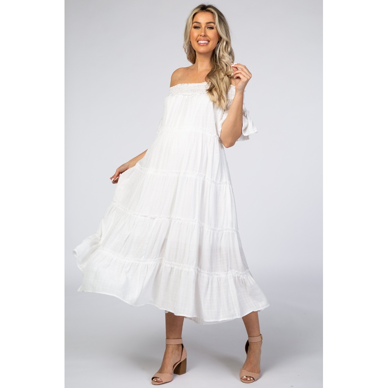 White Off Shoulder Tiered Maternity Midi Dress