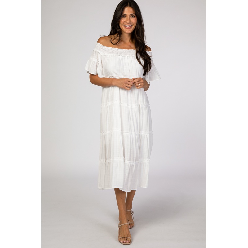 White Off Shoulder Tiered Midi Dress