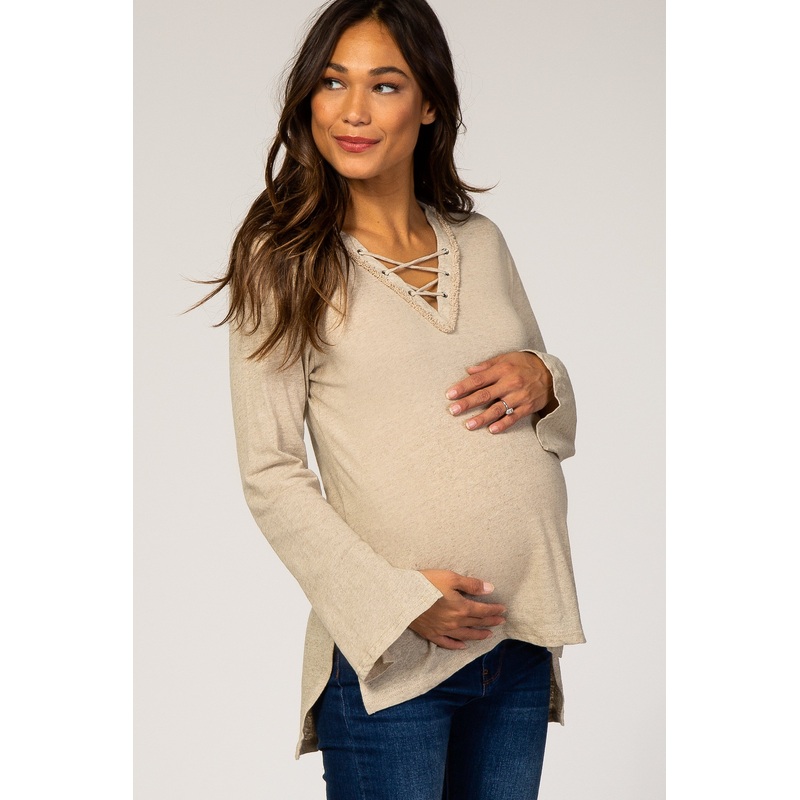 Beige Lace Up Side Slit Hi-Low Maternity Top