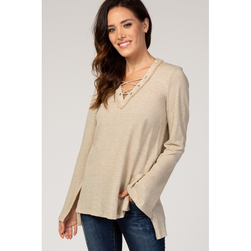 Beige Lace Up Side Slit Hi-Low Top