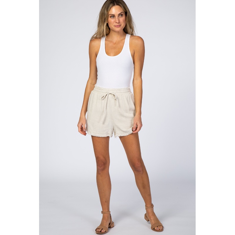 Beige Linen Fringe Hem Drawstring Shorts