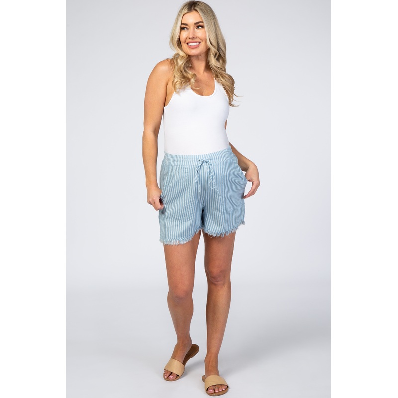 Light Blue Striped Fringe Hem Drawstring Maternity Shorts