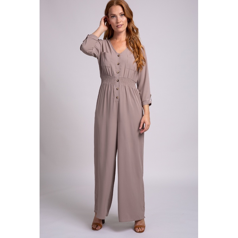 Mocha Long Sleeve Button Down Smocked Waist Jumpsuit