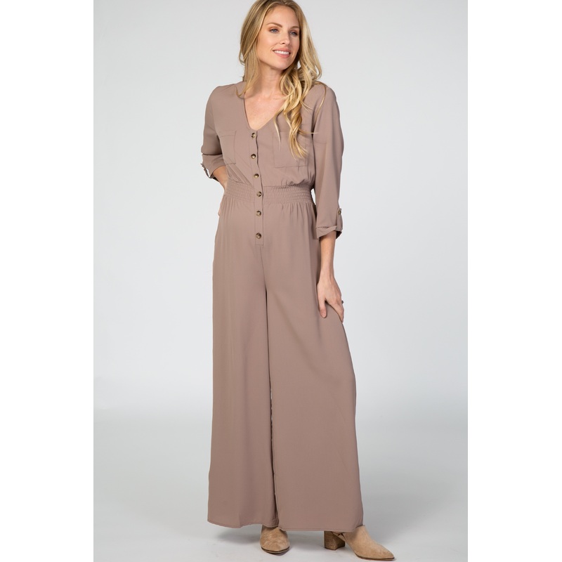 Mocha Long Sleeve Button Down Smocked Waist Maternity Jumpsuit