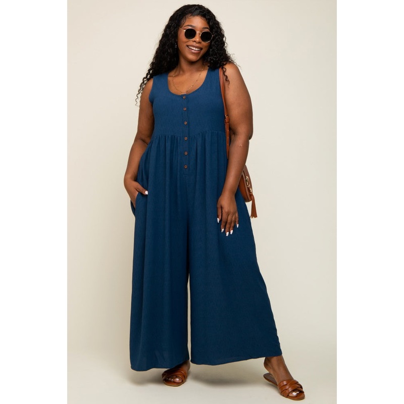 Navy Blue Button Front WIde Leg Plus Jumpsuit
