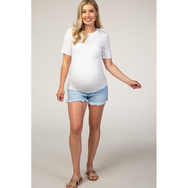 PinkBlush Light Wash Frayed Hem Maternity Shorts