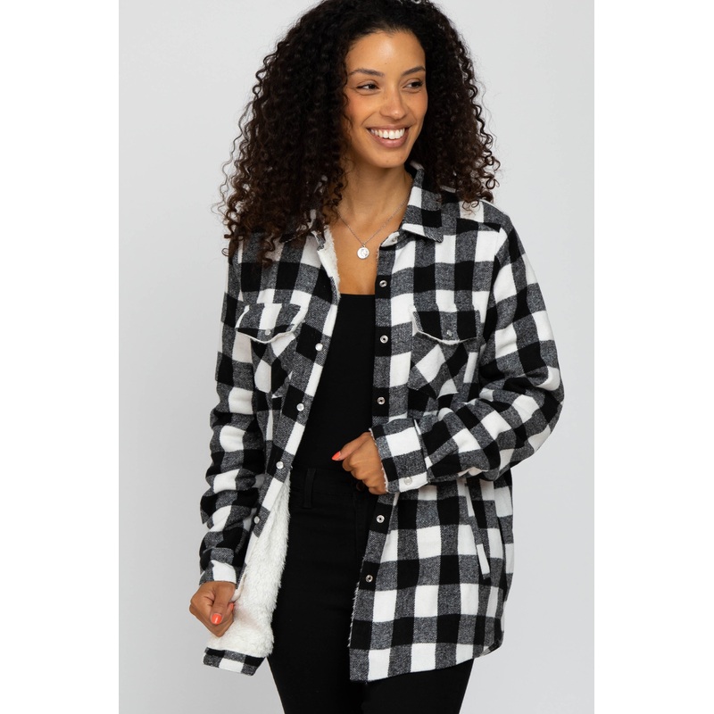 White Black Plaid Sherpa Lined Jacket