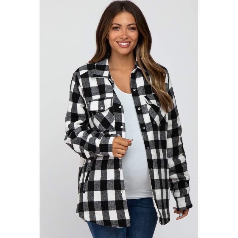 White Black Plaid Sherpa Lined Maternity Jacket