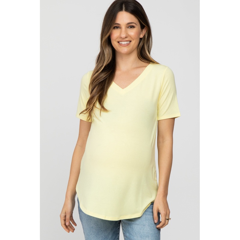 Yellow V-Neck Maternity Short Sleeve Round Hem Top