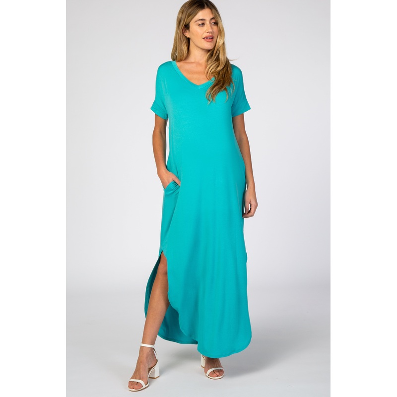 Aqua Side Slit Maternity Maxi Dress