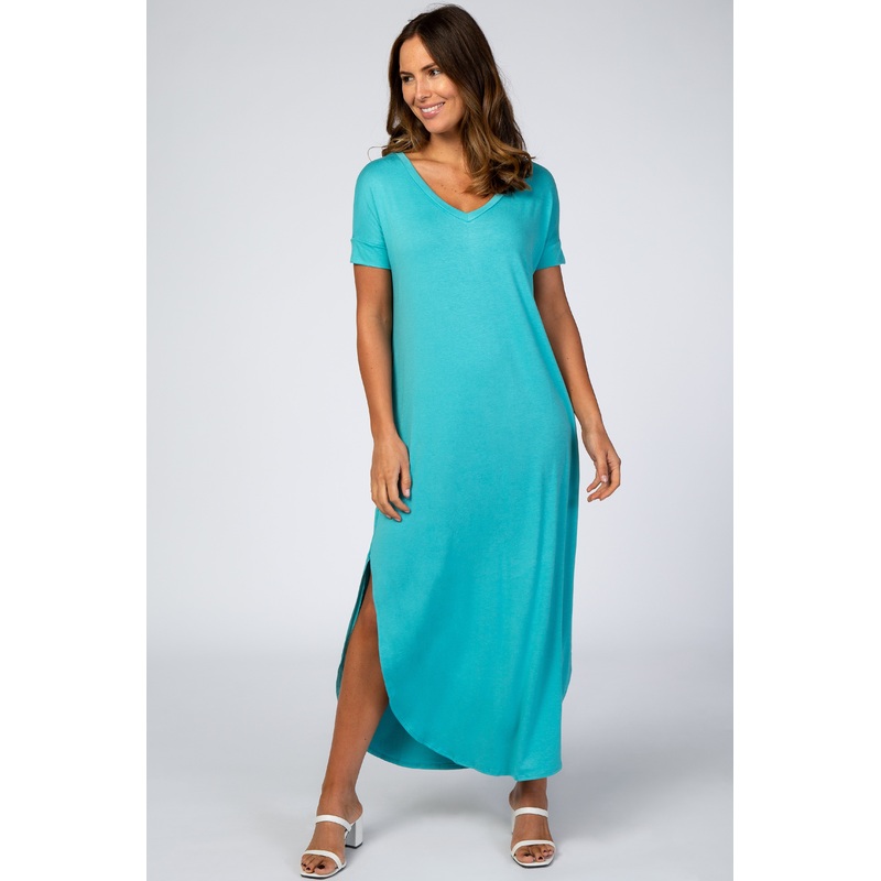Aqua Side Slit Maxi Dress