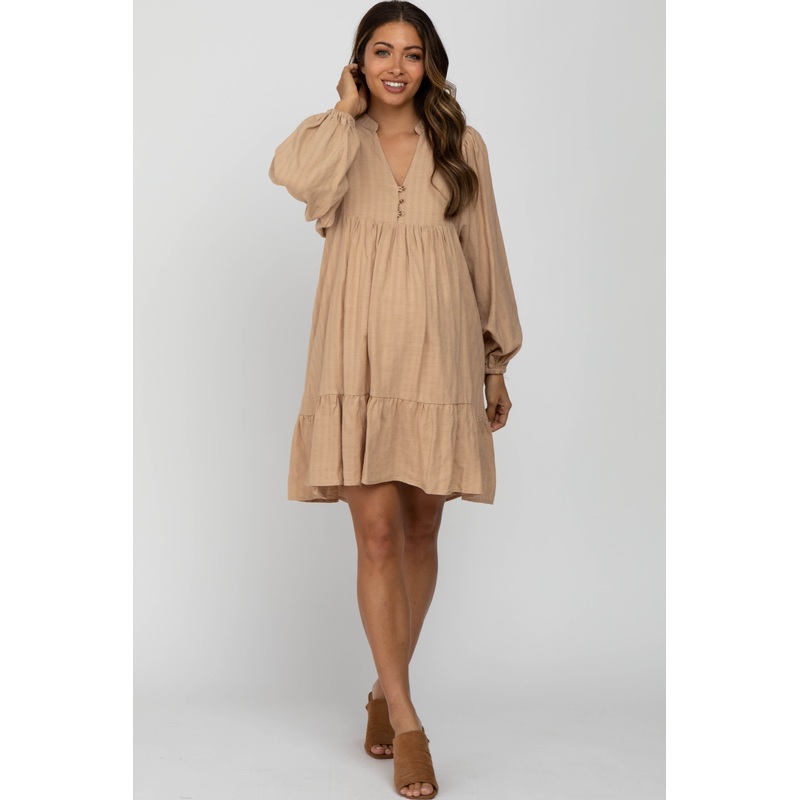 Beige Linen Button Front Ruffle Hem Maternity Dress