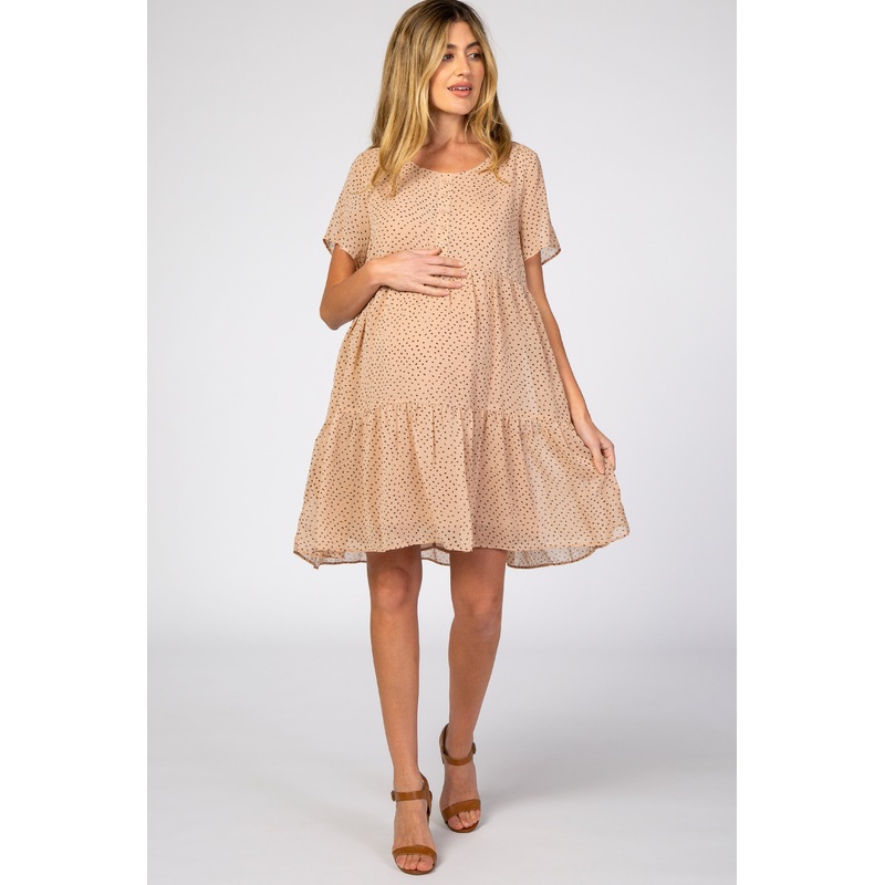 Beige Polka Dot Tiered Maternity Dress