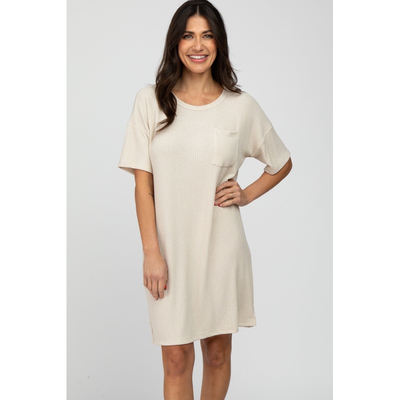 Beige Ribbed Front Pocket Dress