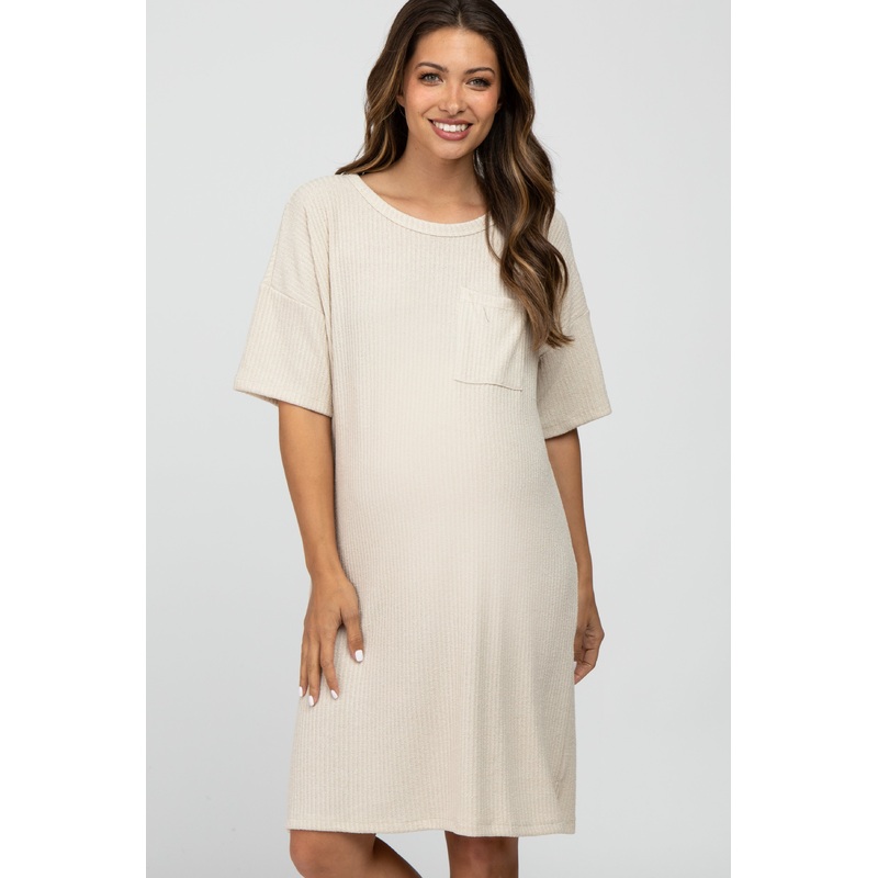 Beige Ribbed Front Pocket Maternity Dress