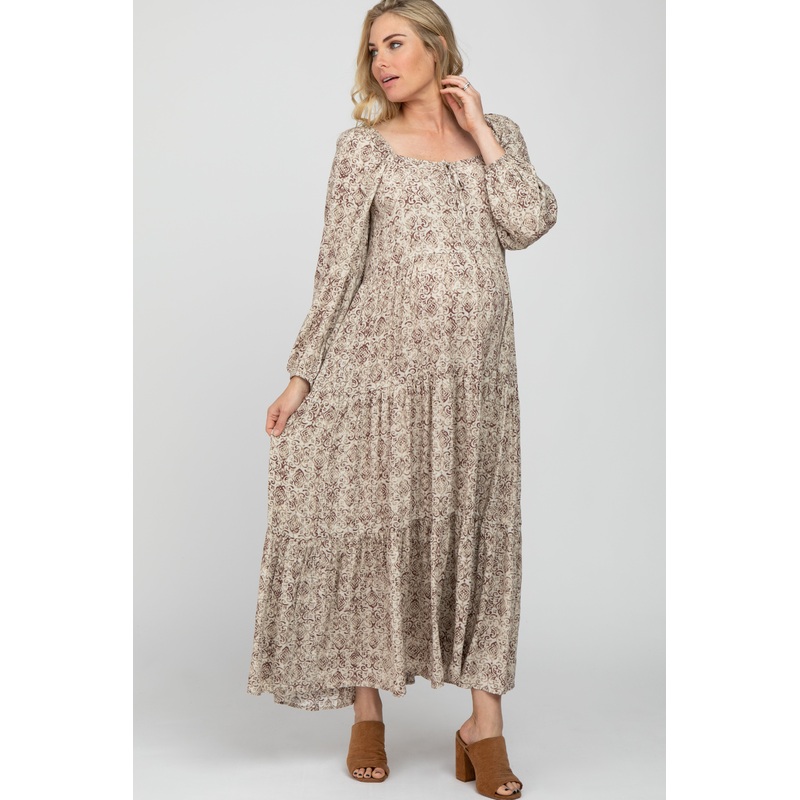 Beige Stamped Print Front Tie Tiered Maternity Maxi Dress