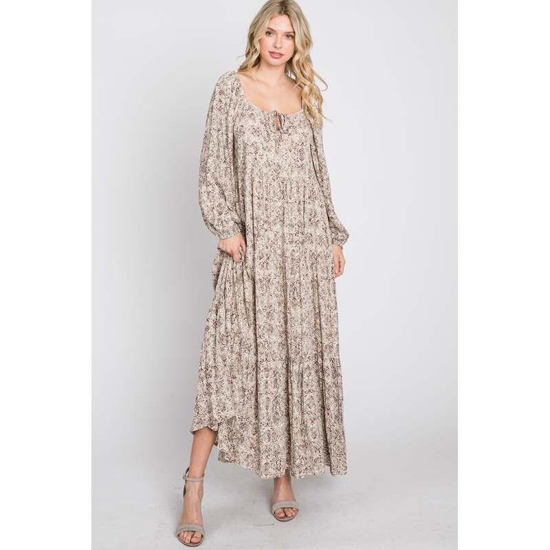 Beige Stamped Print Front Tie Tiered Maxi Dress