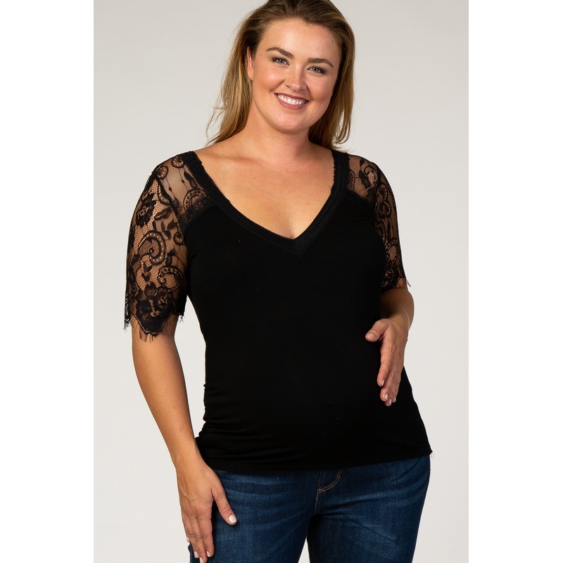 Black Lace Sleeve Plus Maternity Blouse