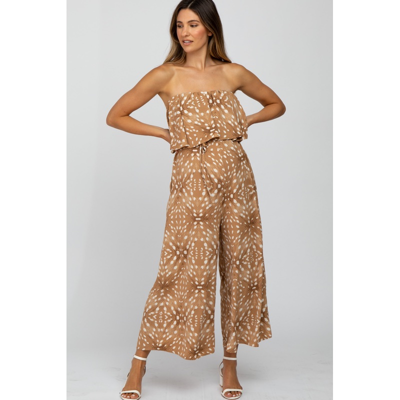 Camel Animal Print Strapless Cropped Maternity Jumpsuit