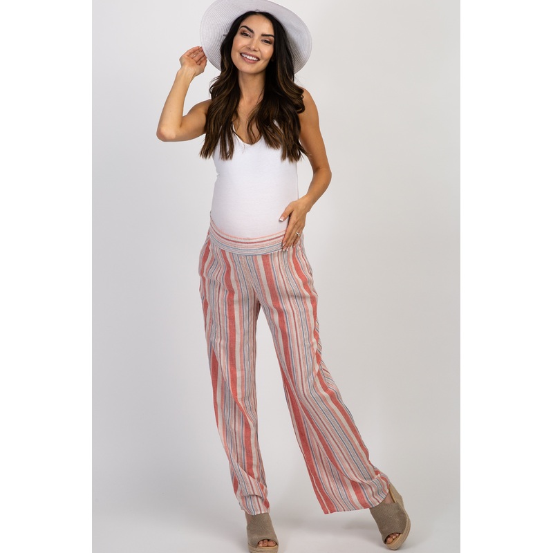 Coral Striped Wide Leg Maternity Pants