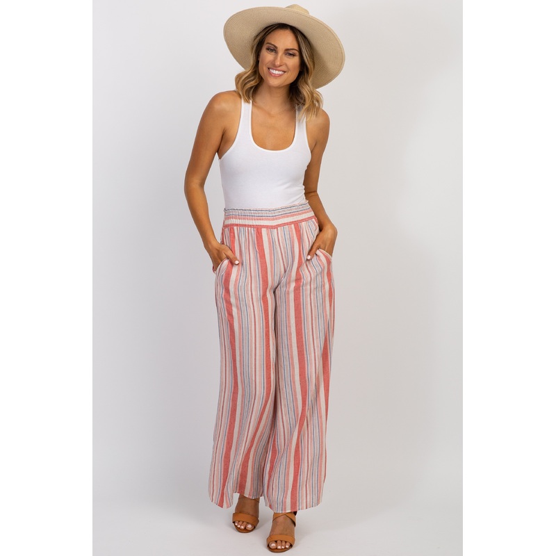 Coral Striped Wide Leg Pants