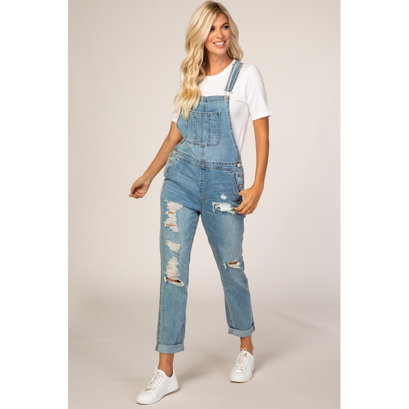 Light Wash Distressed Denim Overalls
