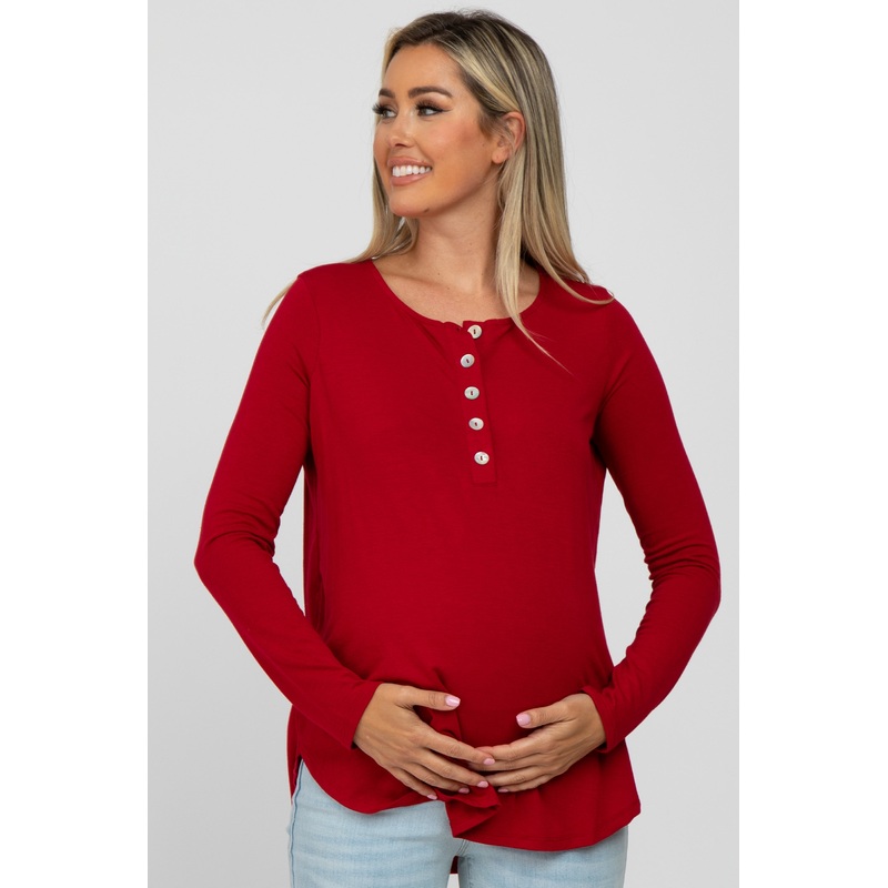Red Basic Long Sleeve Maternity Top