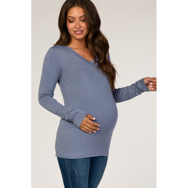 Slate Blue V-Neck Fitted Long Sleeve Maternity Top