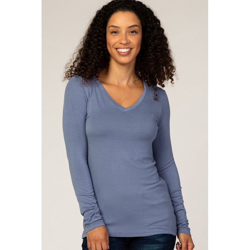 Slate Blue V-Neck Fitted Long Sleeve Top