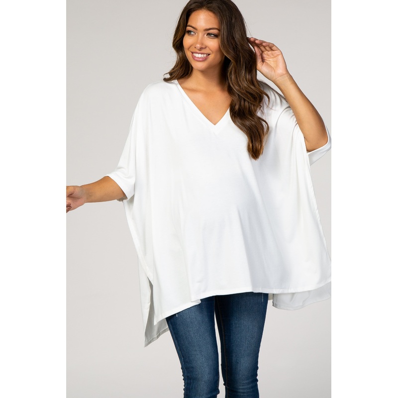 White Hi-Low V-Neck Short Sleeve Maternity Top