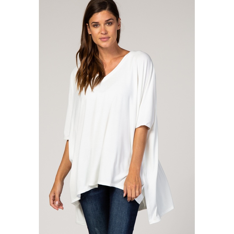 White Hi-Low V-Neck Short Sleeve Top