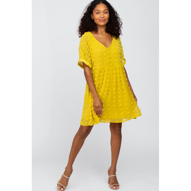 Yellow V-Neck Swiss Dot Dress