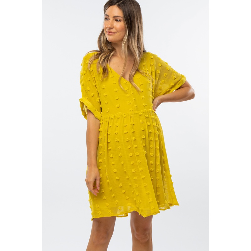 Yellow V-Neck Swiss Dot Maternity Dress