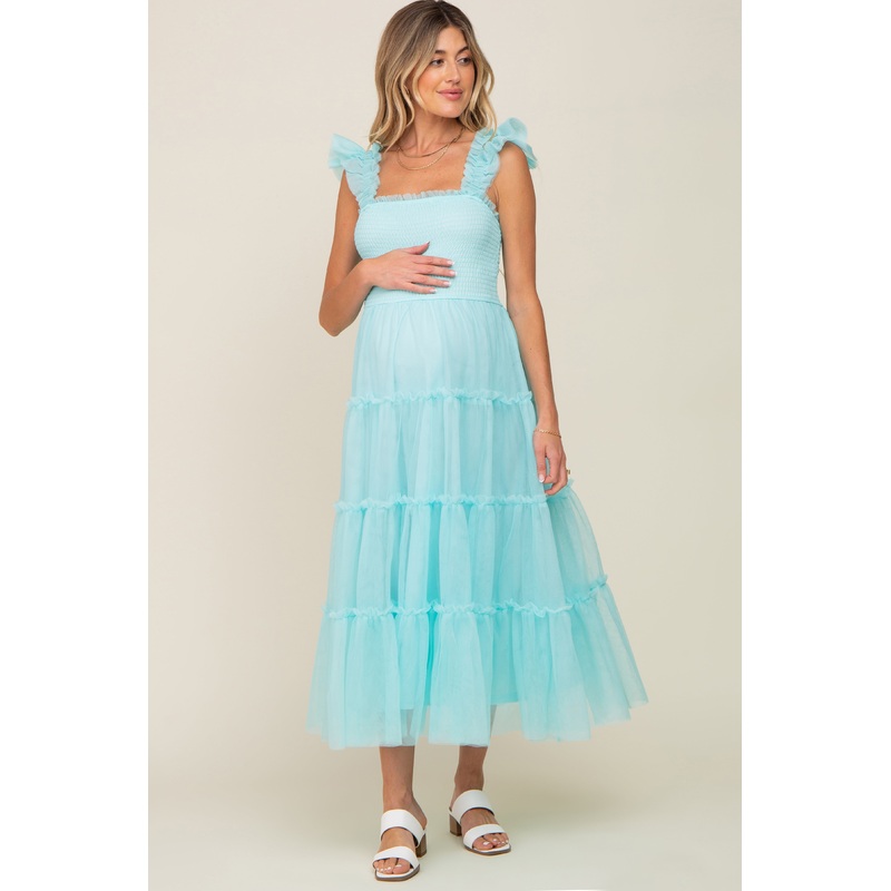 Aqua Smocked Mesh Ruffle Accent Maternity Midi Dress