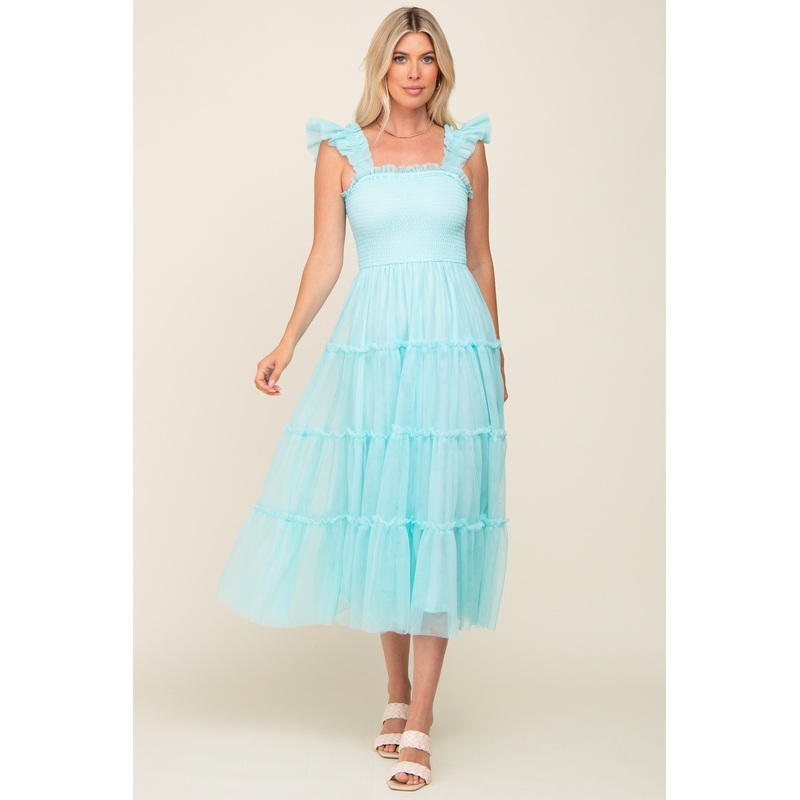Aqua Smocked Mesh Ruffle Accent Midi Dress