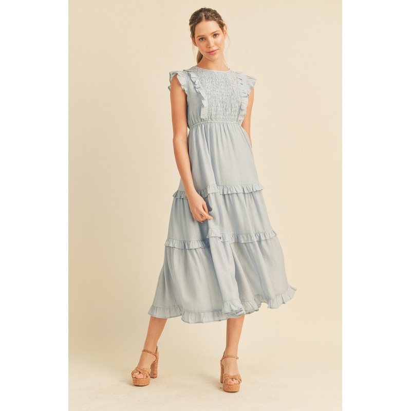 Baby Blue Smocked Ruffled Midi Dress