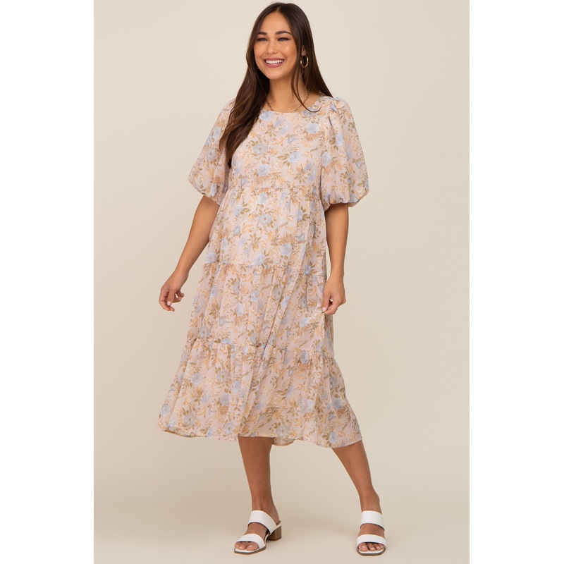 Beige Floral Chiffon Puff Short Sleeve Tiered Maternity Midi Dress