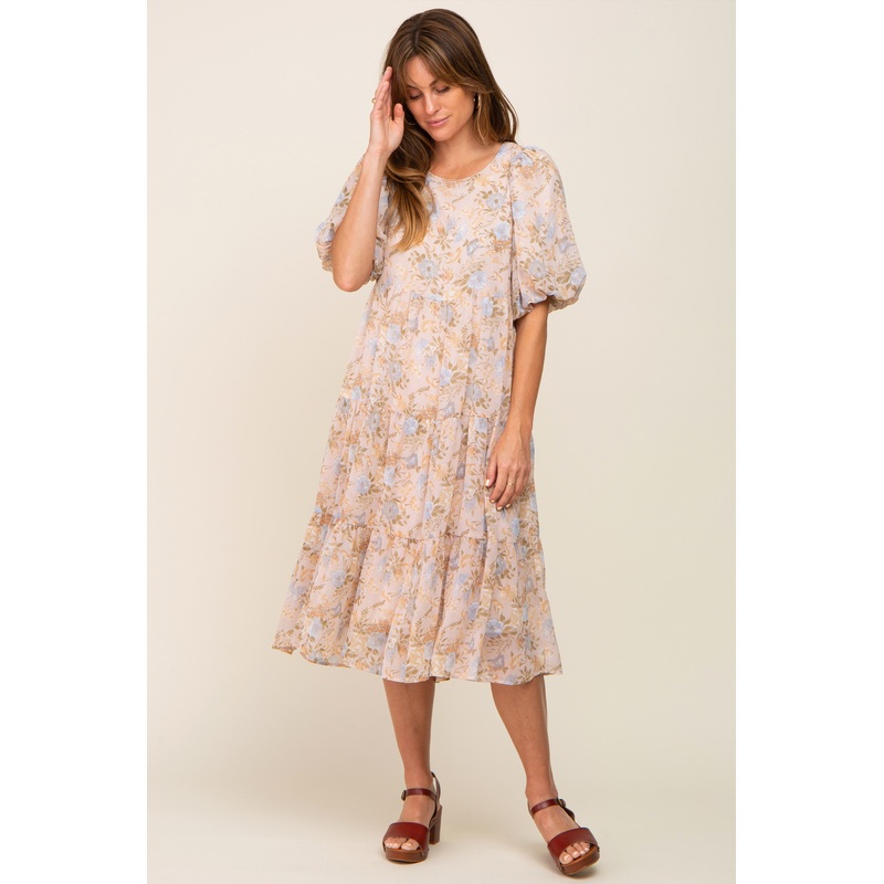 Beige Floral Chiffon Puff Short Sleeve Tiered Midi Dress