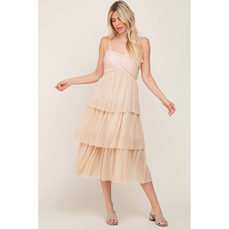 Beige Pleated Tiered Midi Dress