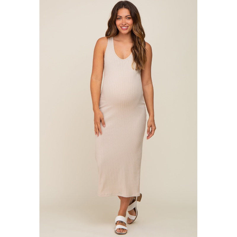 Beige Ribbed Back Tie Maternity Midi Dress
