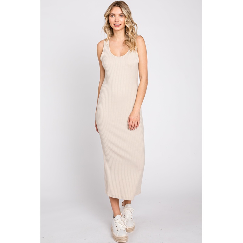 Beige Ribbed Back Tie Midi Dress