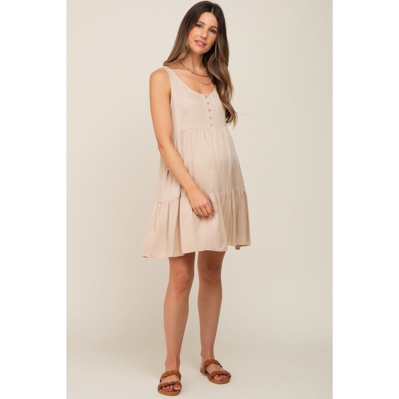 Beige Sleeveless Tiered Maternity Dress