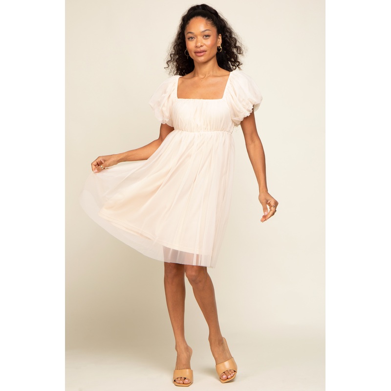 Beige Tulle Puff Sleeve Dress