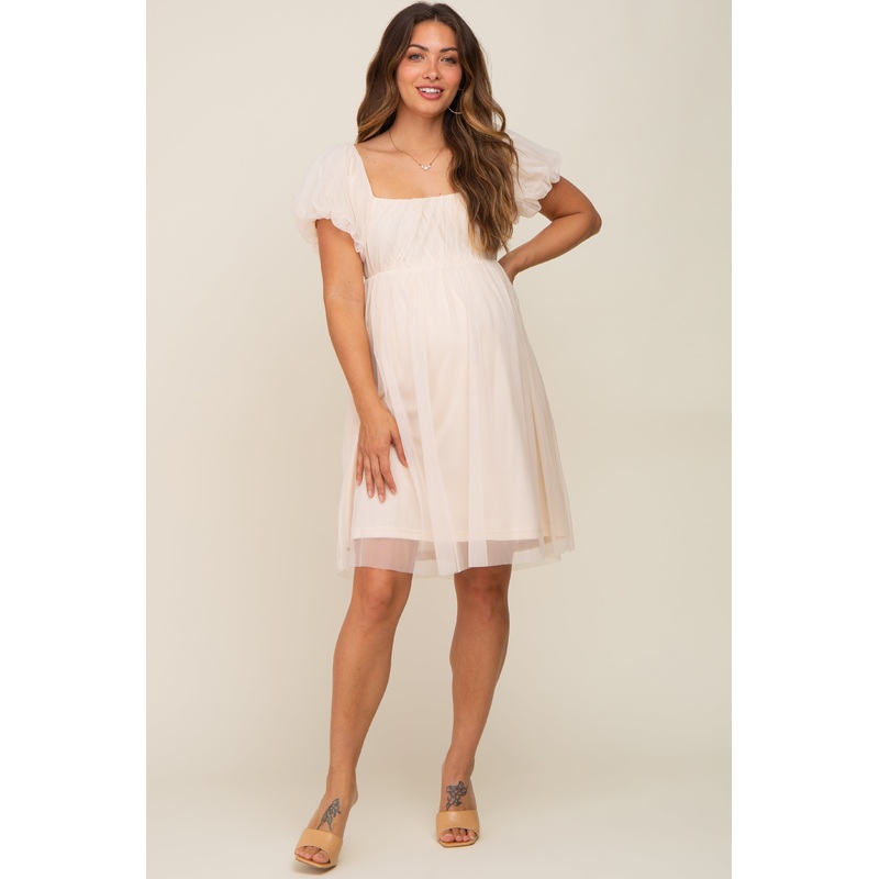 Beige Tulle Puff Sleeve Maternity Dress